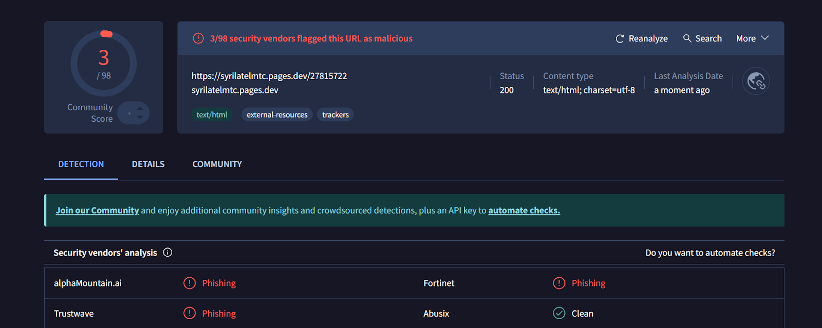 نتائج فحص الرابط باستخدام&nbsp;virustotal