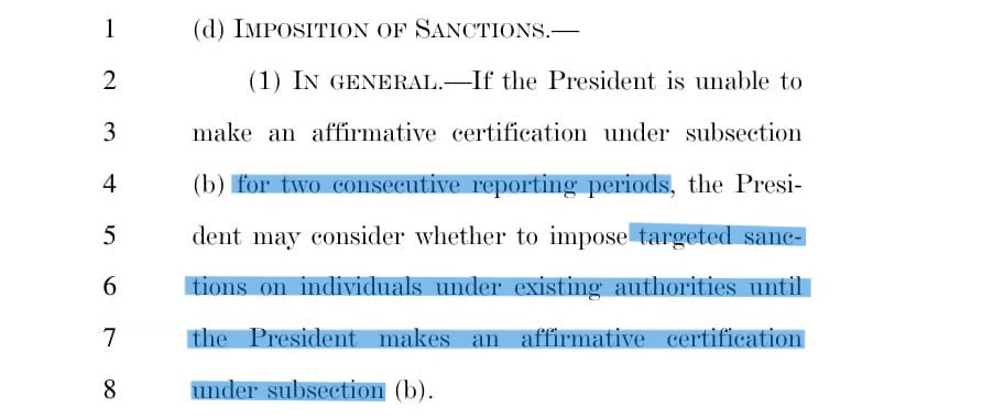 الفقرة D1 من التشريع 8369 لإلغاء قانون قيصر والتي ينص على امكانية  الرئيس الأمريكي فرض العقوبات غقب انقضاء فترتين من التقارير الدورية شريطة استهدافها لافراد محددين دون استهداف الدولة باكملها