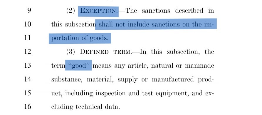 الفقرة D2 من التشريع 8369 لإلغاء قانون قيصر والتي تنص على استثناء البضائع من العقوبات بشكل دائم مع تعريف البضائع على انها " أي مادة طبيعية أو مصنعة، والمواد الأولية، والإمدادات، والمنتجات النهائية، وصولاً إلى معدات الفحص والاختبار".