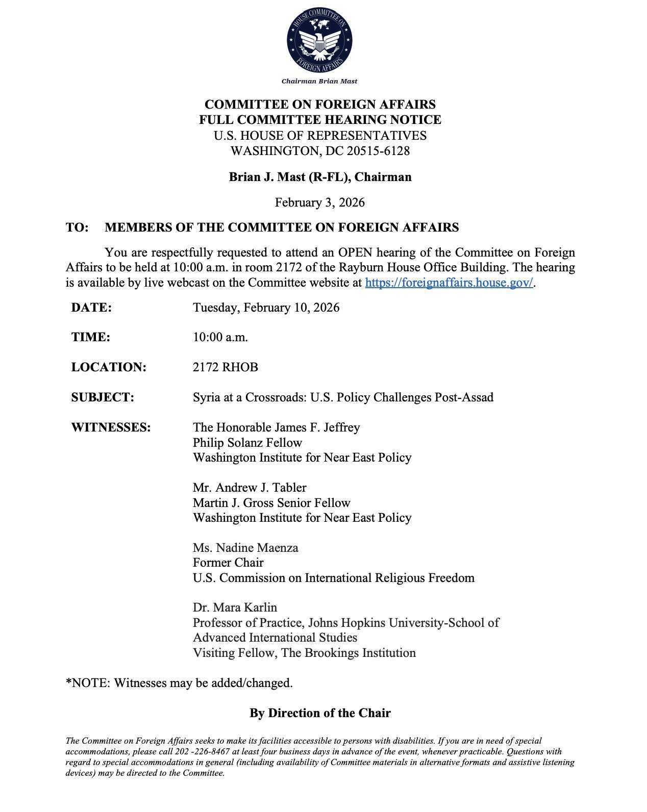 أجندة جلسة الاستماع حول سوريا بتاريخ 10 شباط 2026