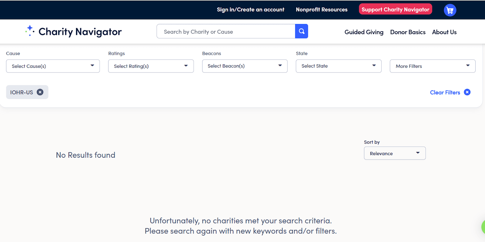 نتائج البحث عن الاسم المختصر للمنظمة في موقع Charity Navigator