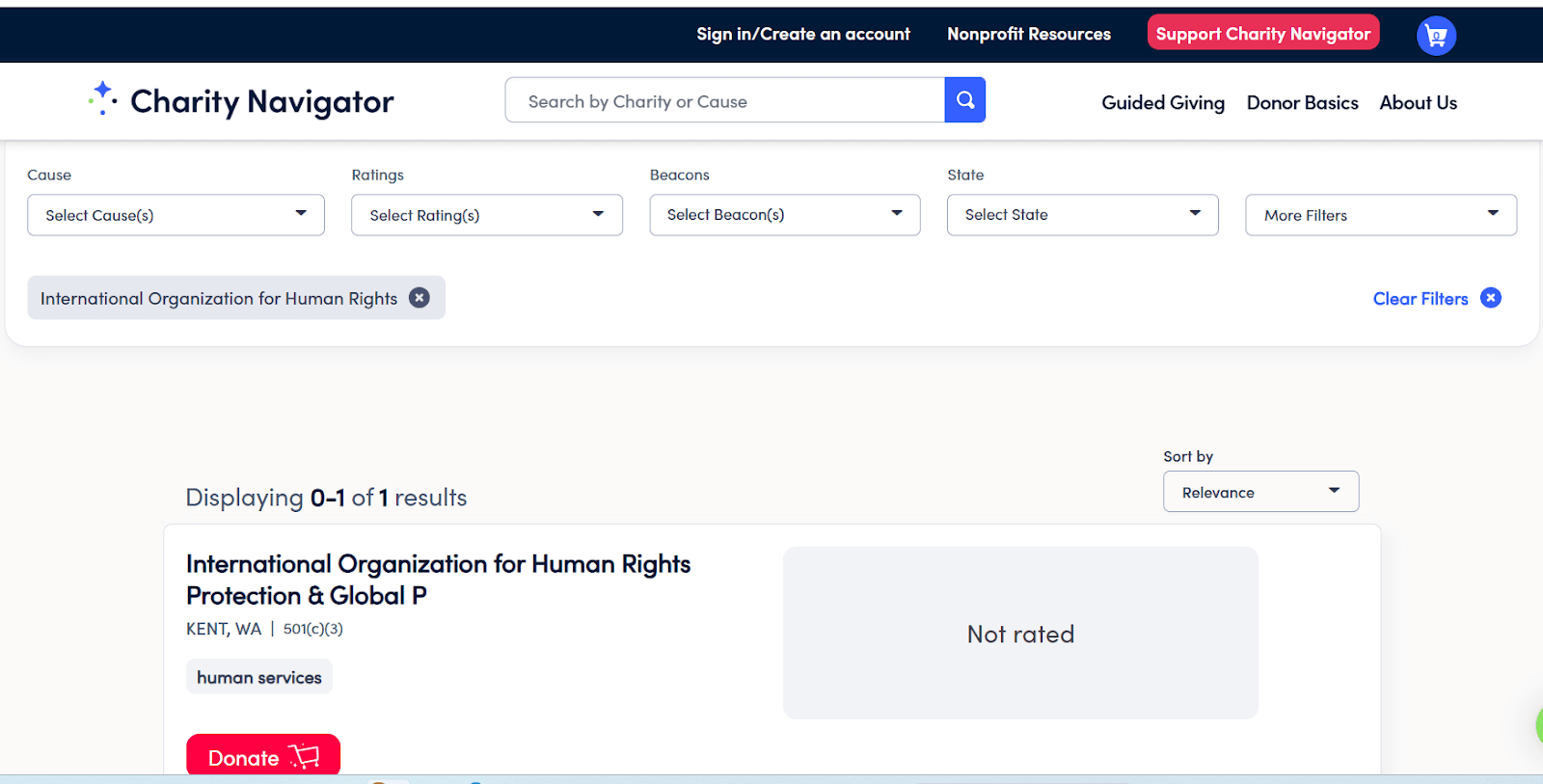 نتائج البحث عن الاسم الكامل للمنظمة في موقع Charity Navigator