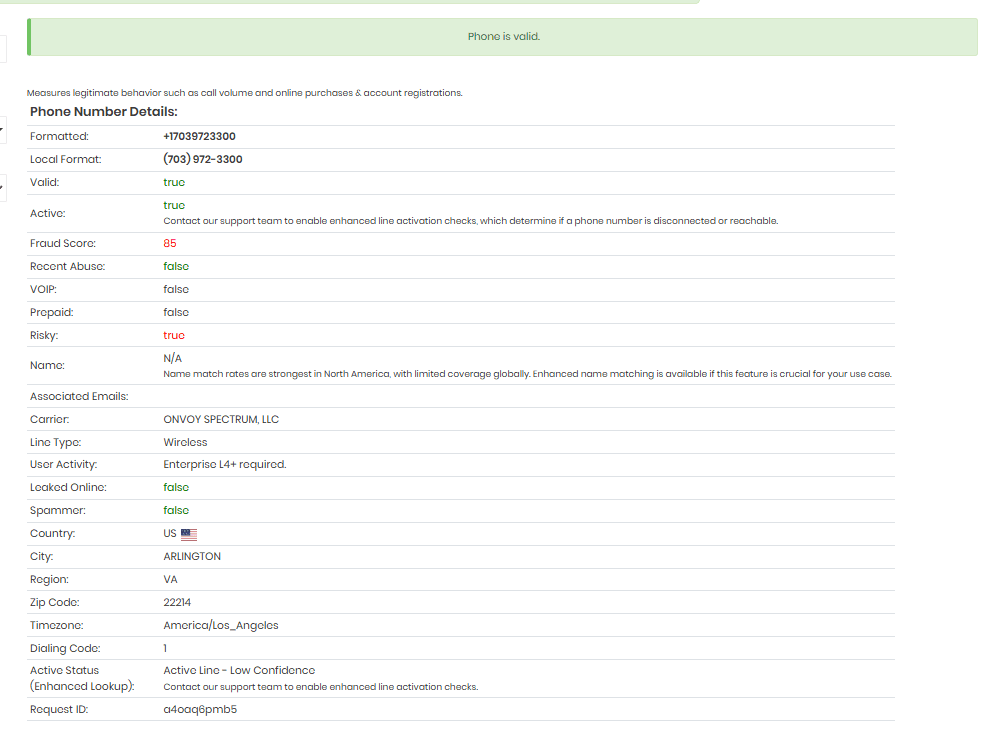 حالة الرقم الاحتيالية في الموقع الالكتروني ضمن اداة IP Quality Score