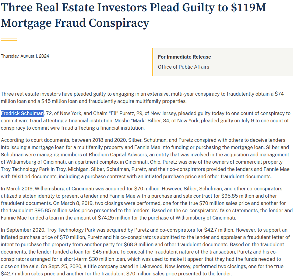 فتح تحقيق حول قضية الاحتيال العقاري ضمن موقع وزارة العدل الاميركية ويذكر بها شولمان واقربائه