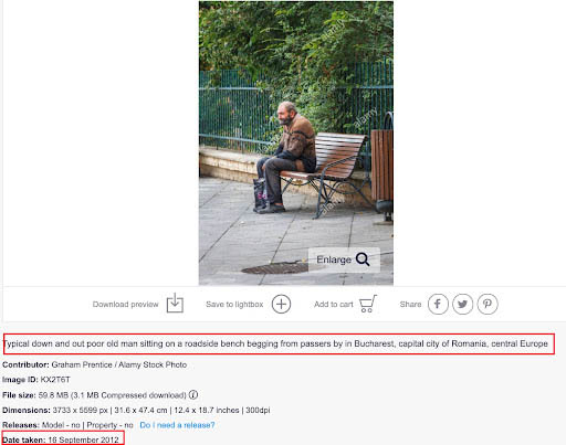 الصورة الأصلية للرجل المسن في العاصمة الرومانية بوخارست عام 2012 | موقع alamy