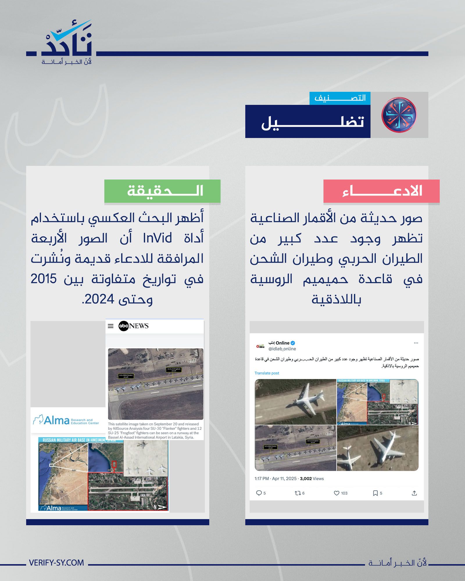 ما حقيقة صور الأقمار الصناعية لطائرات حربية روسية وطائرات شحن ضمن قاعدة حميميم؟